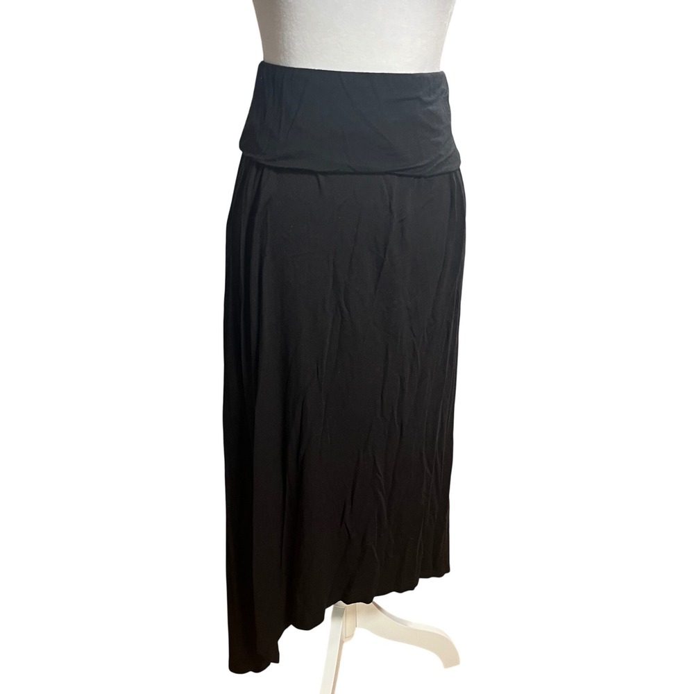 Pink Rose Black Jersey Foldover Waist Maxi‎ Skirt L High-Low Great Codition